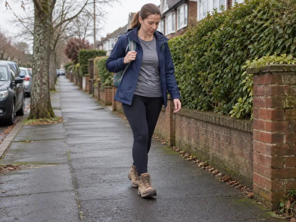 Woman in her 40s walking a neighborhood sidewalk in broken-in mid hiking boots as the pavement stage of a break-in