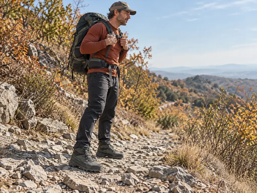 Hiker in stiff La Sportiva Nucleo High II GTX hiking boots standing on a rocky trail with a loaded backpack beside him