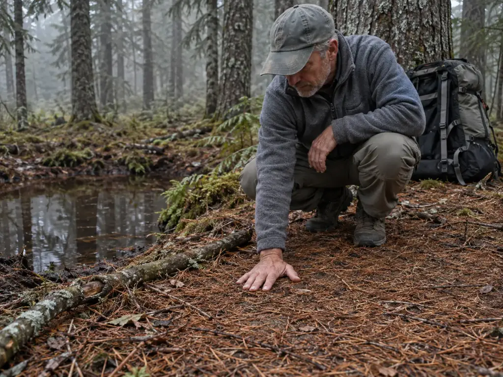 Man in his 50s pressing his palm to flat needle-covered ground beside a damp hollow while choosing a tent site