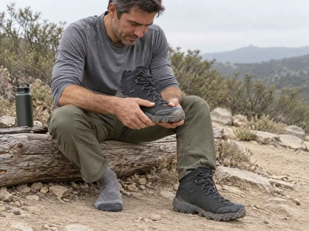 Hiker checking a scuffed toe on his Oboz Bridger Mid leather hiking boot during a rest stop on a dry autumn trail