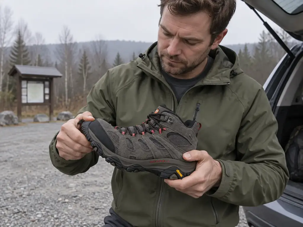 Man twisting a Merrell Moab 3 Mid GTX hiking boot in both hands at a trailhead to check its torsional rigidity
