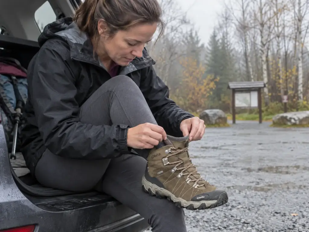 Woman checking the tongue of her Oboz Bridger Mid B-DRY waterproof hiking boot at a wet trailhead parking area