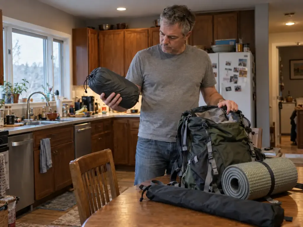 Man in his 40s lifting a packed backpacking tent in its stuff sack at a kitchen table beside a trail pack