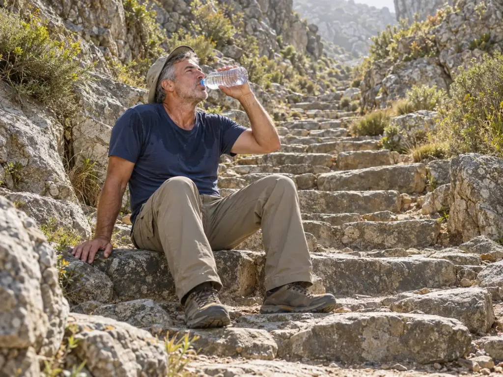 Man in his fifties rests on a wide stone step in the lower Platteklip Gorge path on Table Mountain, drinking water