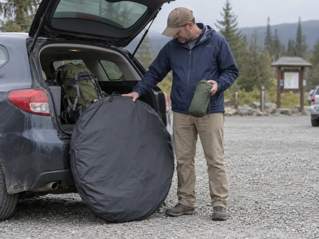 Man at a trailhead hatchback comparing a big round folded pop-out tent with a small backpacking tent stuff sack