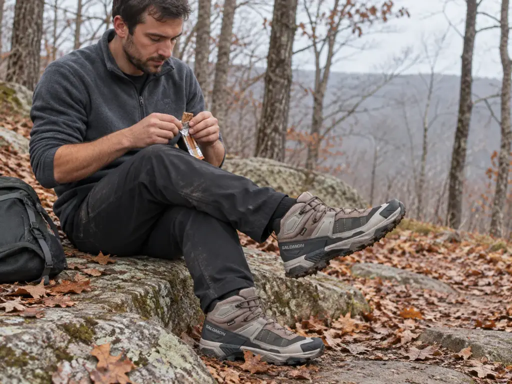Man in his thirties wearing Salomon X Ultra 5 Mid GTX hiking boots, unwrapping a trail bar on a flat rock