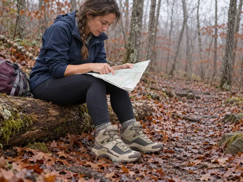 Woman resting on a log beside a forest trail in Salomon X Ultra 5 Mid GTX women's hiking boots on a day hike