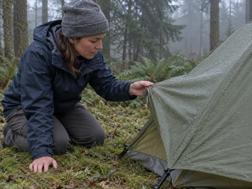 Woman checking the slack in a wet silnylon tent fly at dawn, a fabric detail that matters when picking an ultralight tent