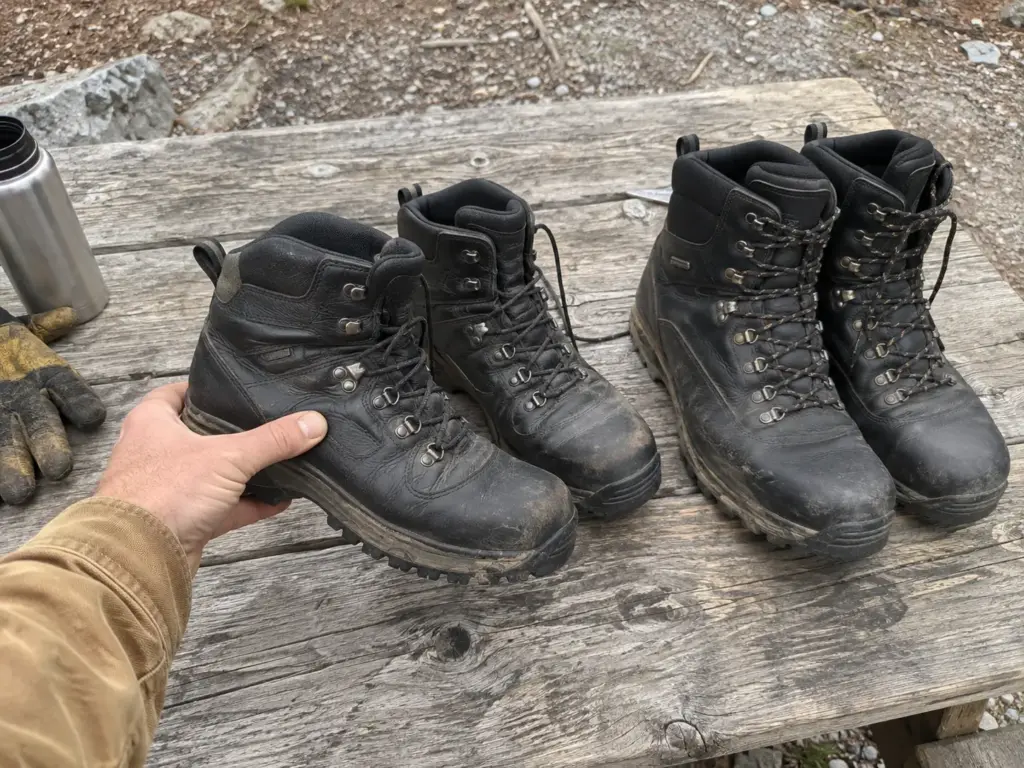 Man's hand lifting one of two black steel-toe hiking boots standing on a weathered picnic table to feel how heavy it is