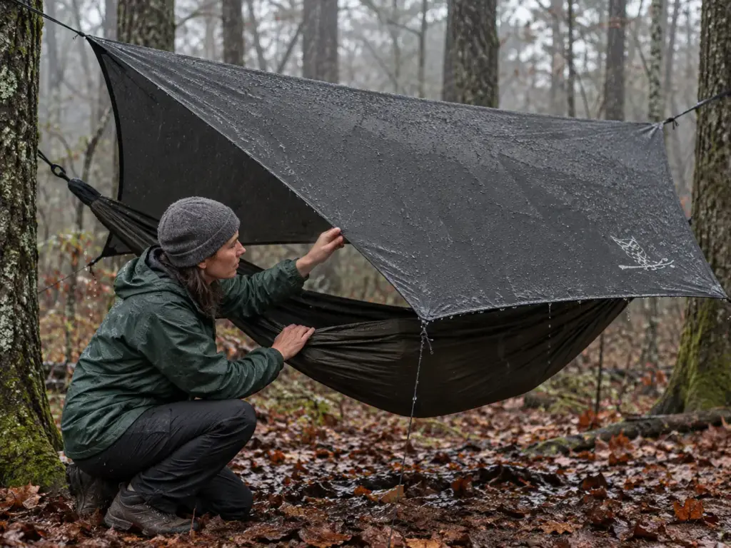 Woman crouching beside a hammock in light rain, studying how far the side of a hex hammock tarp reaches down