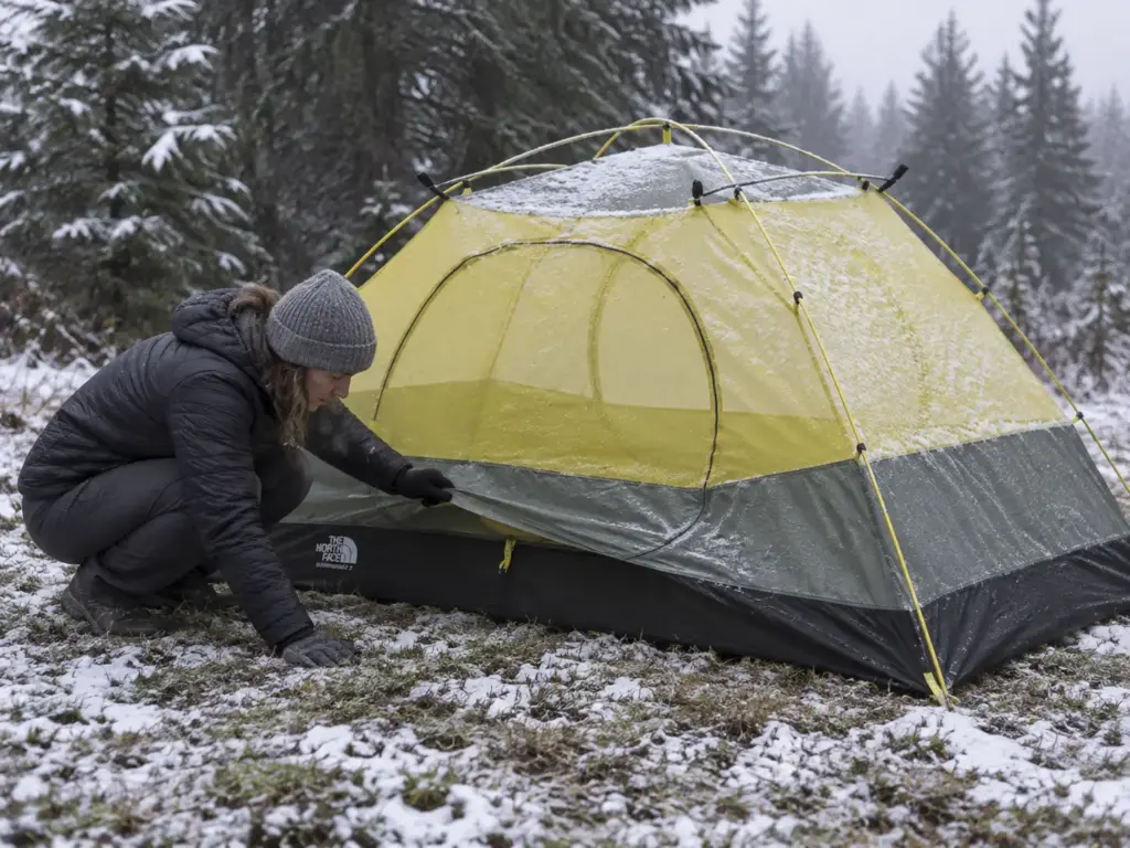 Woman crouching at the base of a pitched three-season tent after a light wet snow, checking the gap under the fly