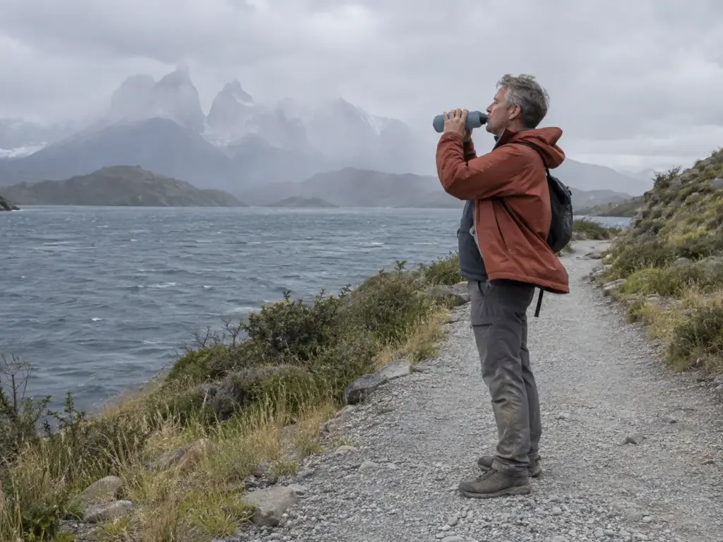 Hiker drinking from a soft flask on the Lake Pehoe path in Torres del Paine National Park, jacket pushed by the wind