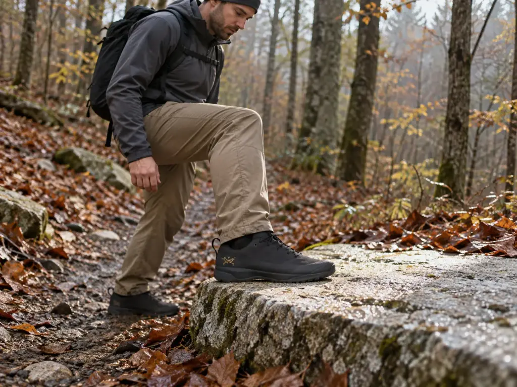 Close low view of a hiker in Arc'teryx Konseal approach shoes stepping up onto a flat pale granite slab beside a forest trail
