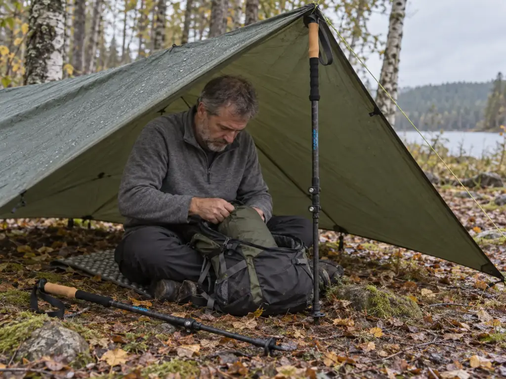 Hiker sorting a pack under a pitched A-frame tarp shelter propped on a carbon fiber trekking pole at the front