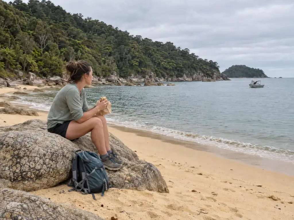 Woman eating lunch on a granite boulder at a golden sand beach in Abel Tasman National Park with a small boat offshore