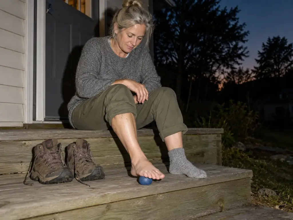 Woman rolling her bare foot over a ball on the back step at dusk after a hike, boots unlaced beside her