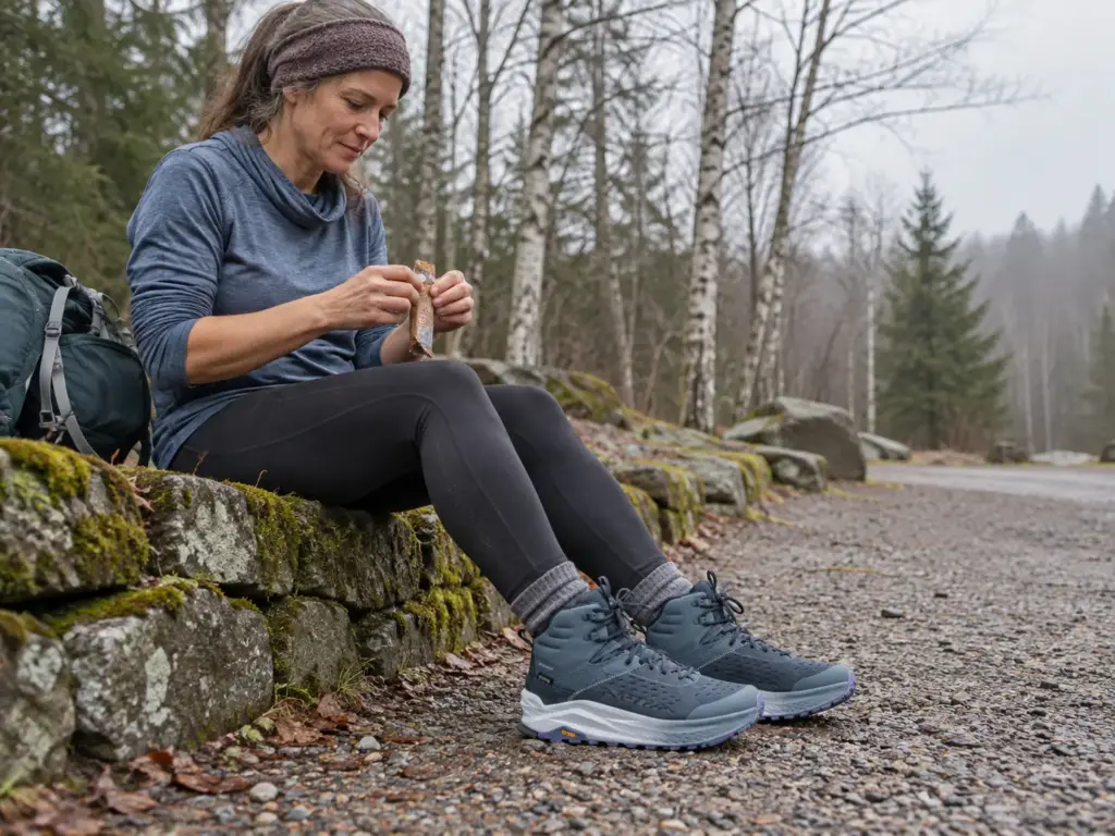 Woman in Altra Olympus 6 Hike Mid GTX boots unwrapping a trail bar on a low stone wall at a gravel trailhead