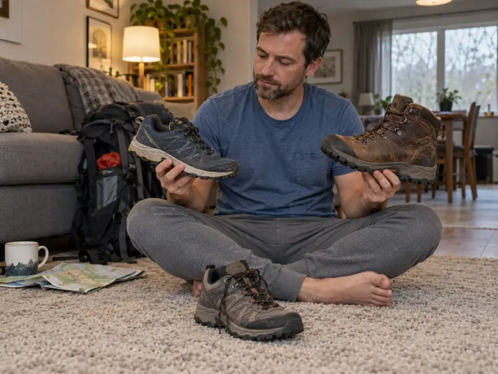 Man on a living-room floor comparing a hiking boot, a low shoe and a trail runner next to a loaded daypack