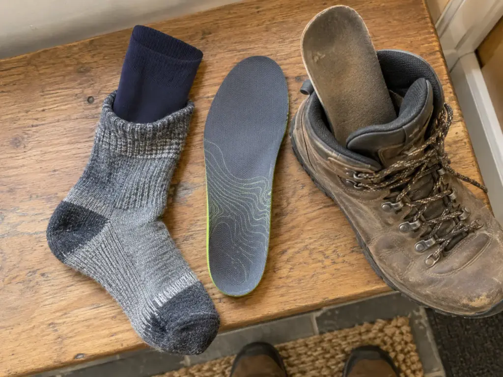 Liner socks, a wool hiking sock and a Superfeet insole beside a hiking boot, the gear to wear while you break in boots