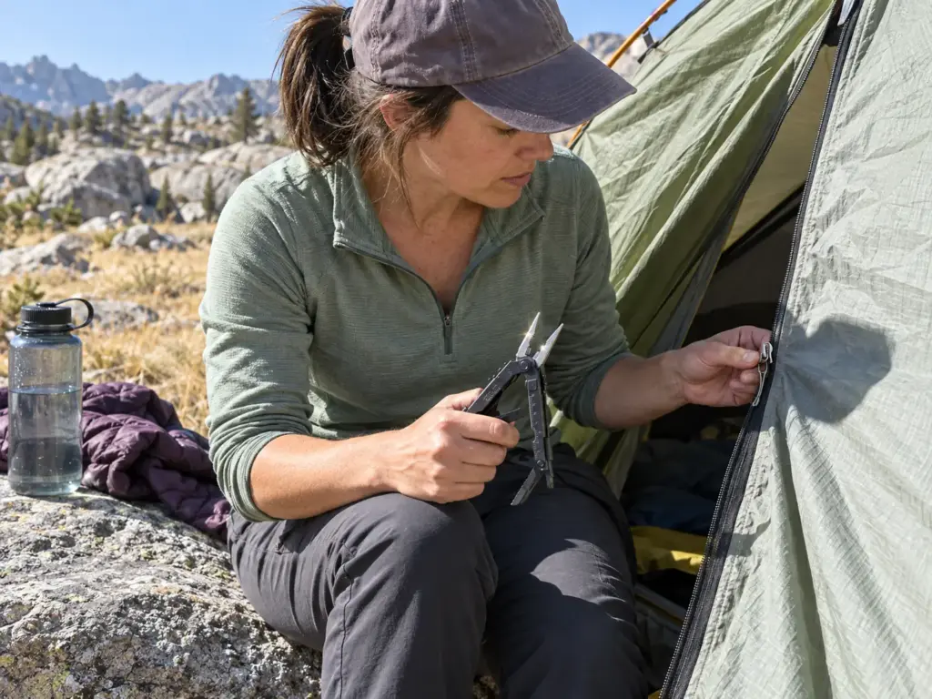 Backpacker holding a Gerber Multi-Plier 600 multitool beside the open door of her tent at a campsite