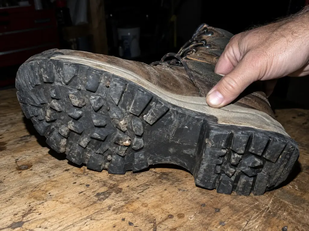 Close look at a worn hiking boot sole and midsole on a garage workbench, lugs and heel brake visible in flash light
