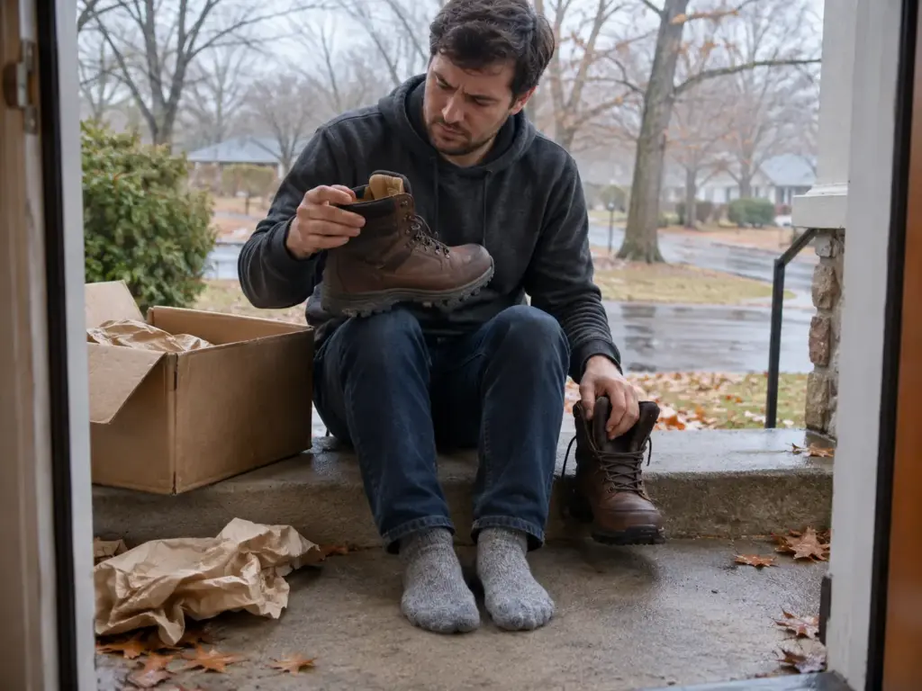 Man on a porch step beside a delivery box checking the length of a hiking boot against his sock after a size mix-up