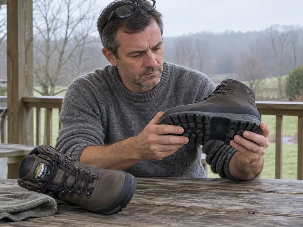 Man turning a Meindl Bhutan MFS men's leather hiking boot sole-up to check the stitched sole and lugs