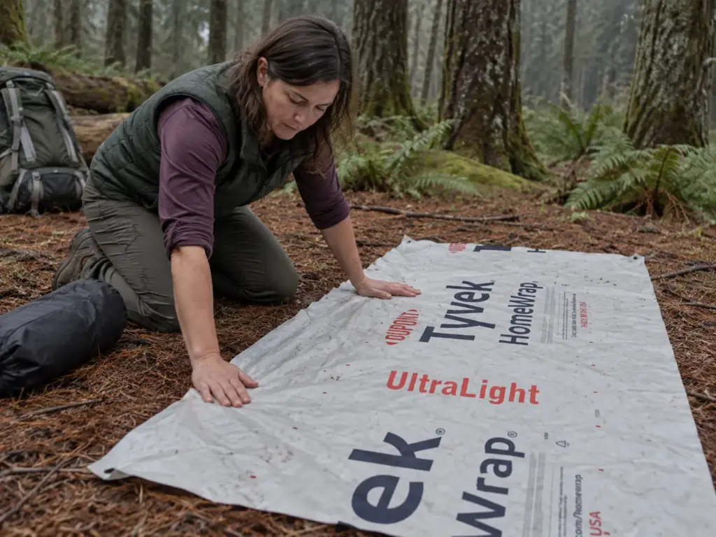 Woman in her 40s smoothing a Tyvek footprint flat on pine needles before pitching her backpacking tent