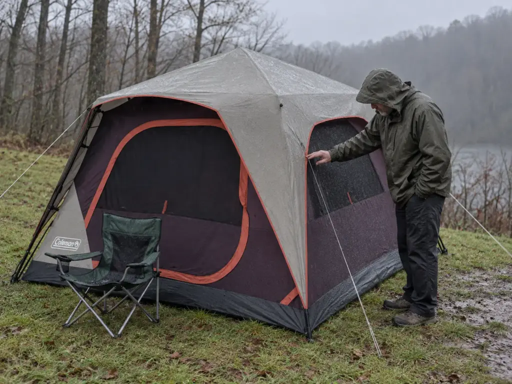 Man in a rain shell running his fingers along a seam of a Coleman Skylodge instant tent in light rain at a campground
