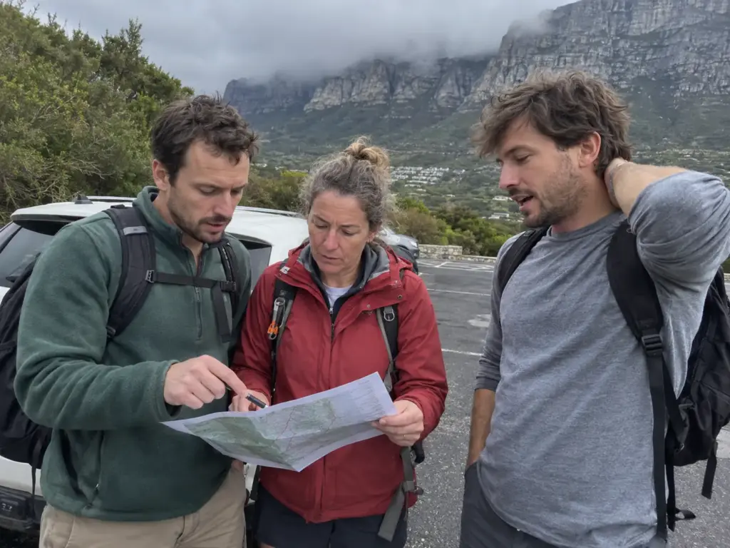 Three hikers share a printed route sheet beside parked cars at the Kloof Nek car park below Table Mountain to pick a trail