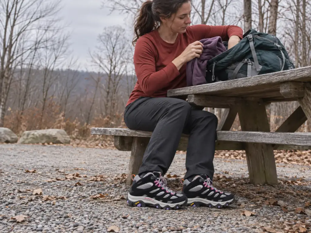 Woman in her thirties wearing Merrell Moab 3 Mid Waterproof boots at a trailhead picnic table pulling a fleece from her pack