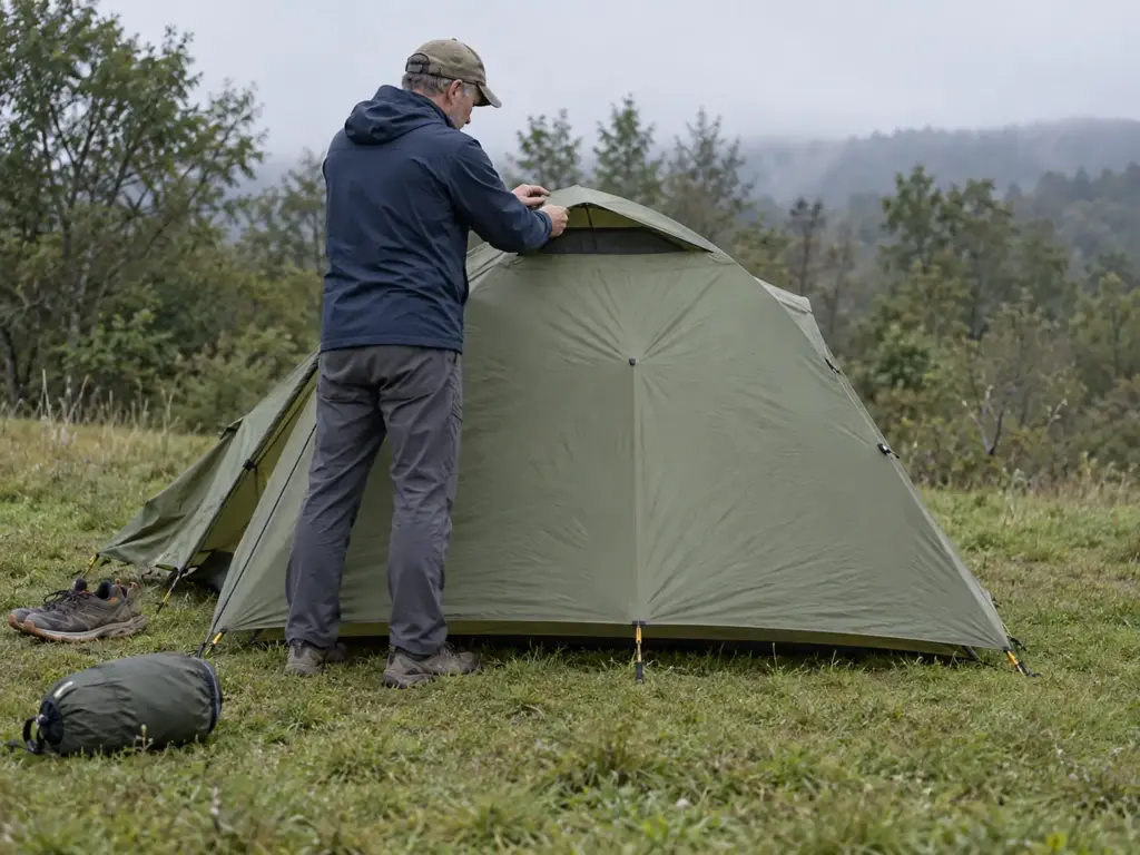 Camper propping open a rainfly vent on a pitched tent to improve ventilation, with a gap between fly and ground