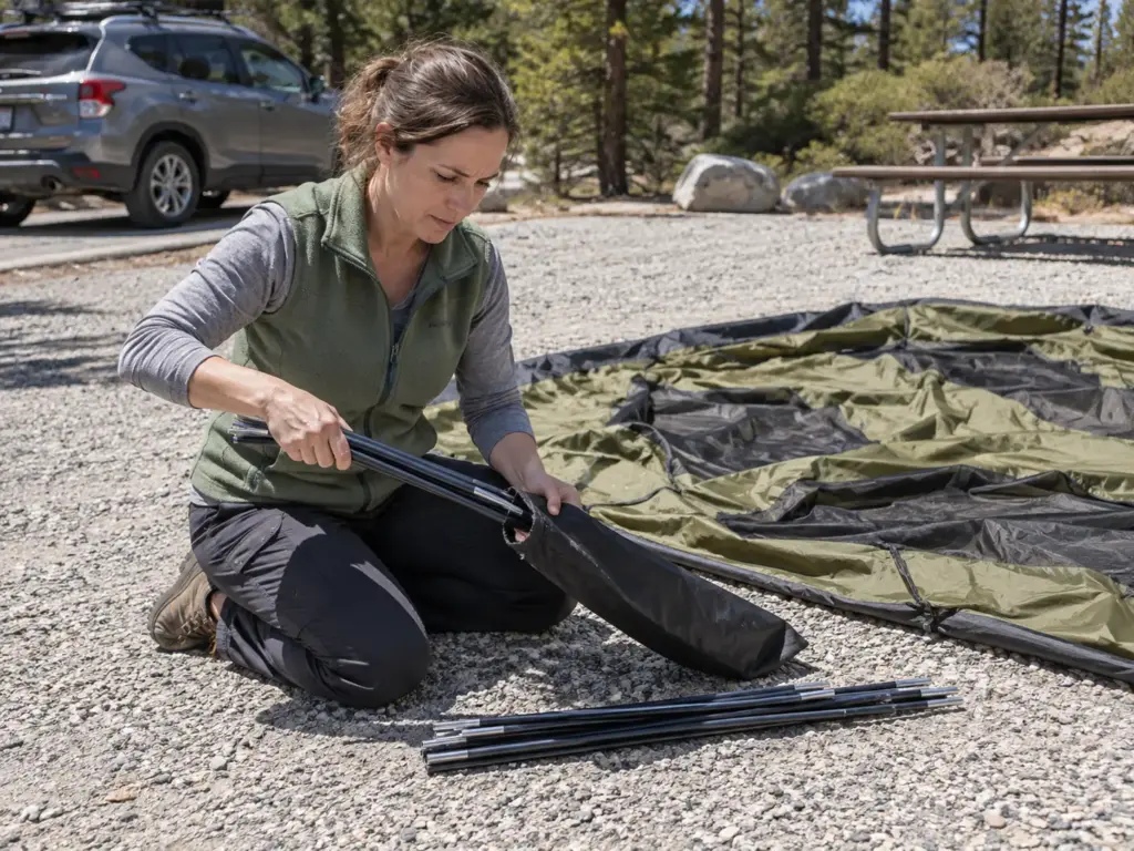 Woman kneeling on a gravel tent pad beside a flat tent body and pole sections she is sorting before pitching