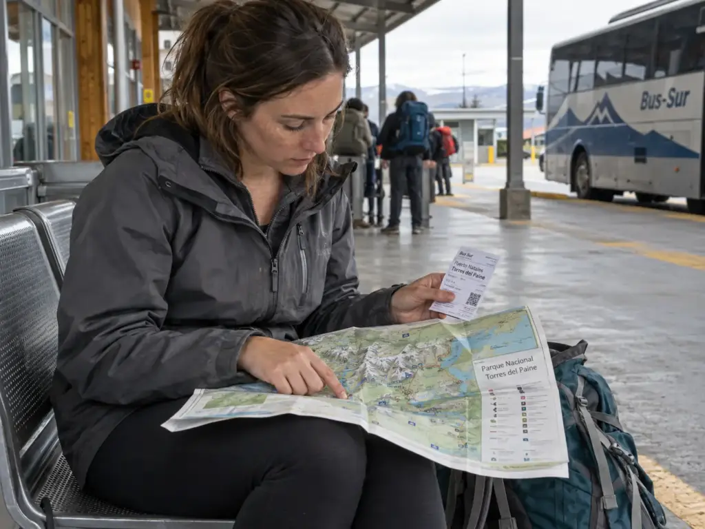 Traveler with a daypack checking a folded park map and bus ticket in Puerto Natales before heading to Torres del Paine
