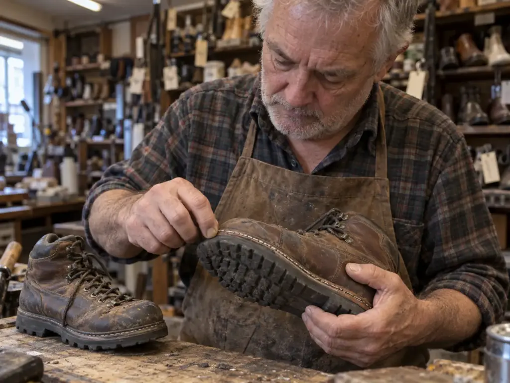 Cobbler inspecting the stitched welt of a worn leather hiking boot at his repair counter next to a glued-sole boot