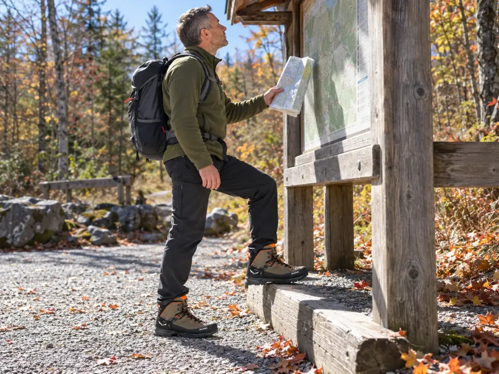 A man in Salewa Mountain Trainer 2 Mid GTX hiking boots reads a trailhead map board, the mid-cut ankle height in view