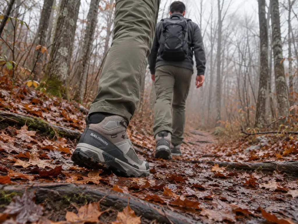 Man walking a wet forest trail in Salomon X Ultra 5 Mid GTX waterproof hiking boots over leaf litter and damp roots