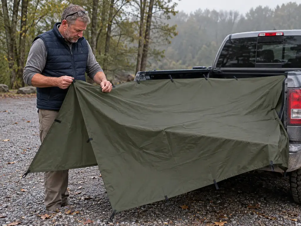 Man checking the hem and tie-out loop of an unfolded silnylon camping tarp spread across a pickup tailgate at a trailhead