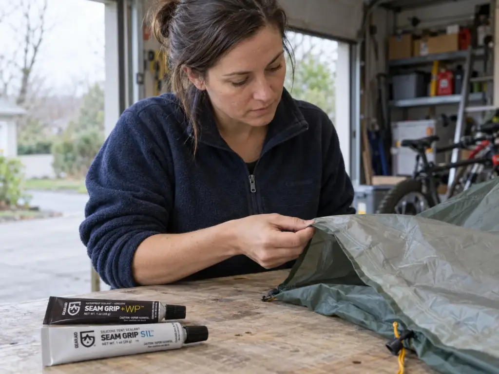Woman reading tent fabric next to Seam Grip WP and Seam Grip SIL tubes to choose urethane or silicone sealer