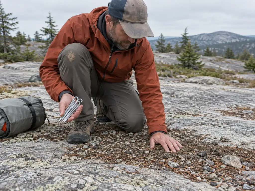 Hiker holding a handful of tent stakes while pressing his other hand on a thin layer of gravel over a granite slab
