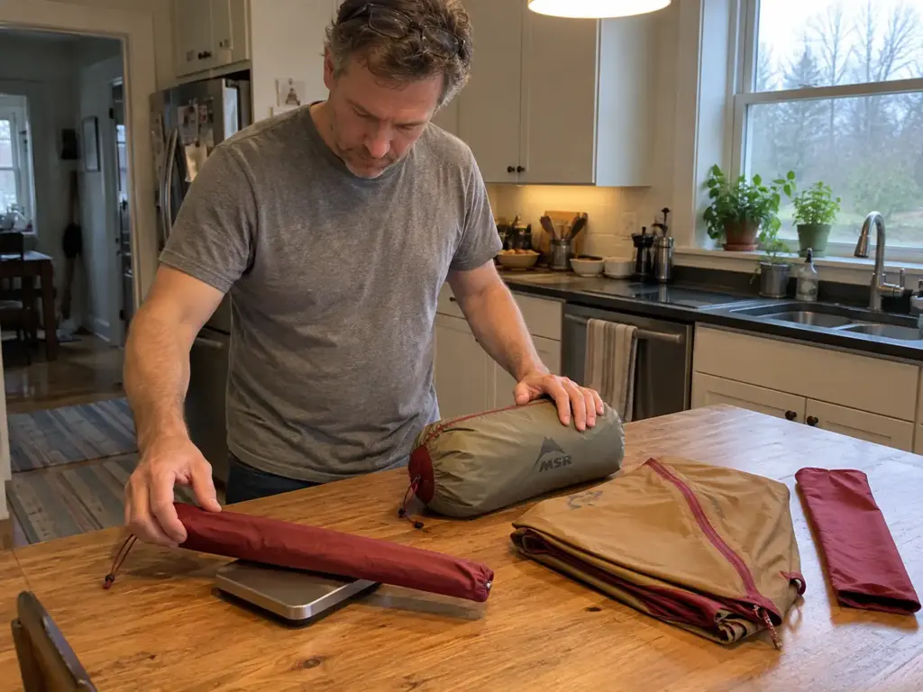 Man setting a tent pole bag on a small kitchen scale beside the tent body and fly laid out on a table