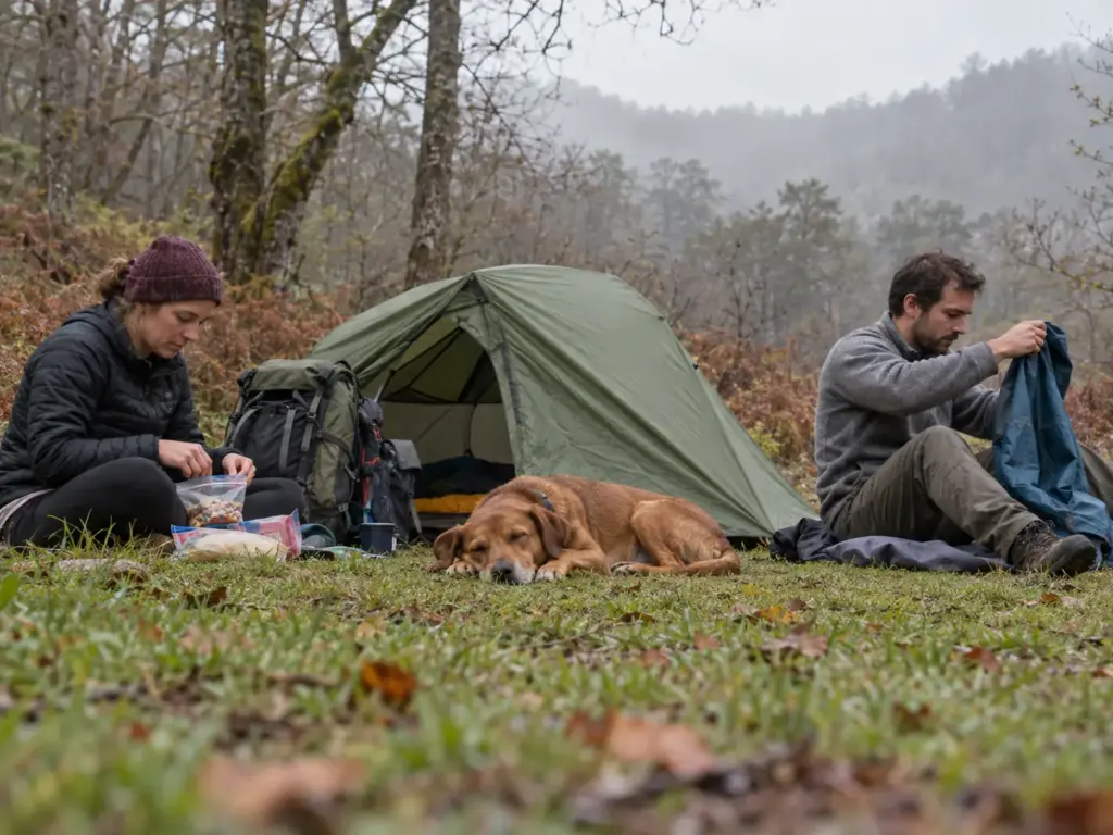 A couple and their dog sit beside a pitched two-person backpacking tent with two packs stacked at the vestibule door