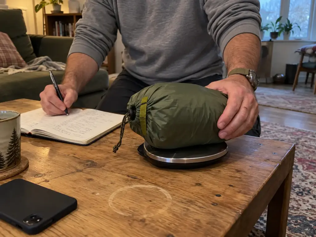 Hands weighing a tent stuff sack on a kitchen scale beside a gear list notebook before a weekend trip with an ultralight tent