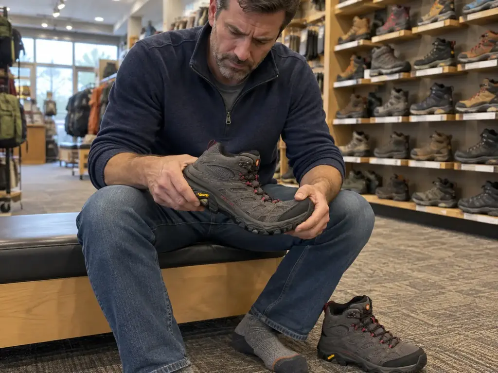 Man on a fitting bench in a gear shop holding a Merrell Moab 3 hiking boot in both hands, bending it at the arch