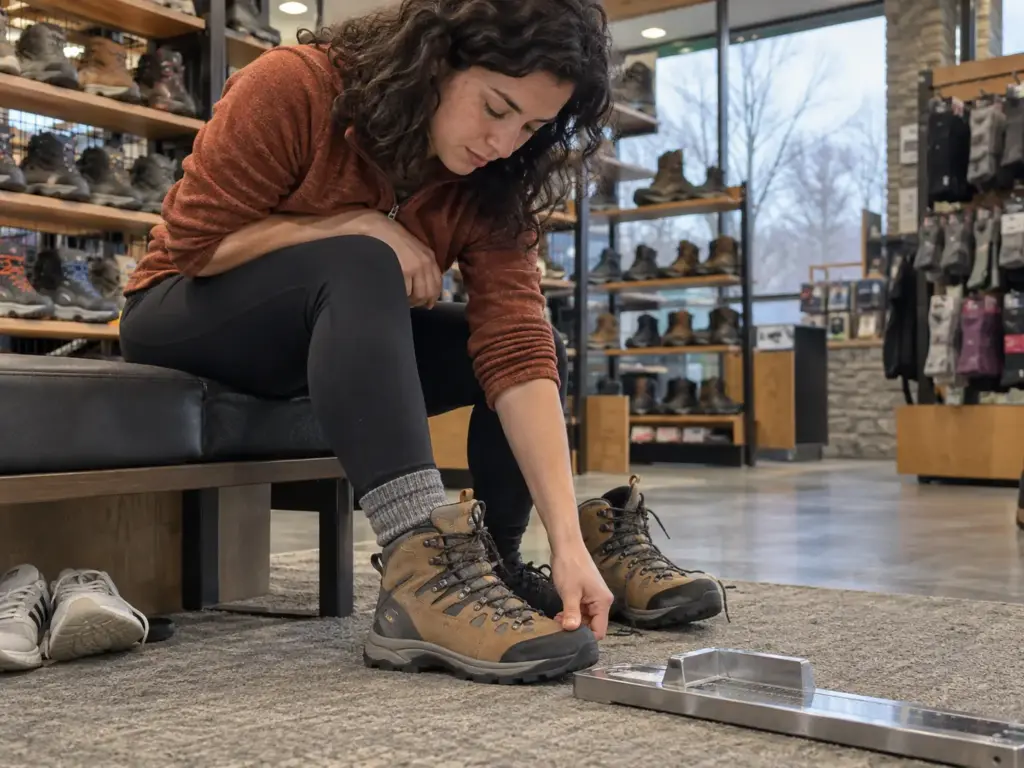 Woman checking toe room in a hiking boot at an outdoor shop fitting bench next to a foot-measuring device