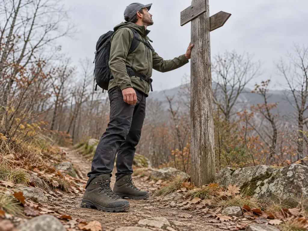 Hiker in Zamberlan Vioz Hike GTX RR men's leather hiking boots checking the direction arrows on a trail post
