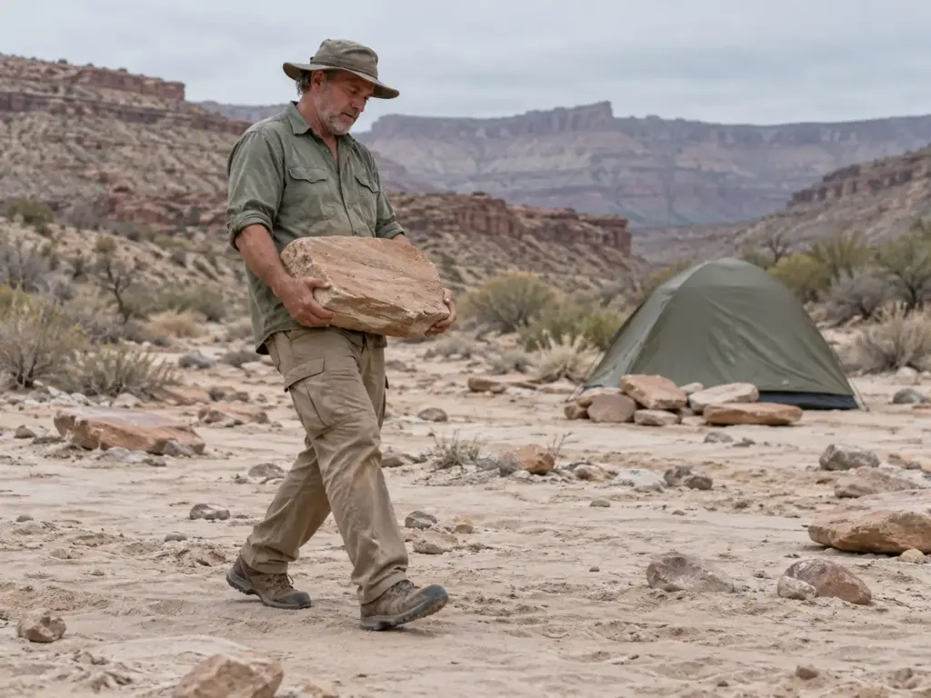 Man in his 50s carrying a flat rock across a dry desert wash campsite toward a pitched tent on packed sand