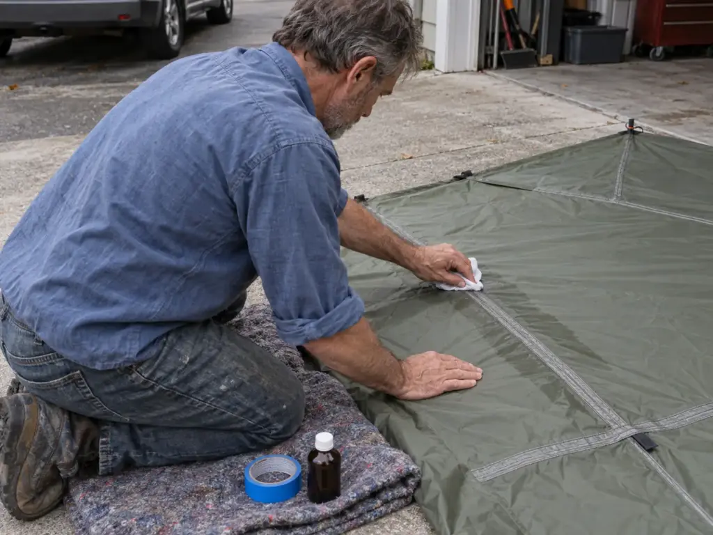 Man wiping a tent seam with a cloth and rubbing alcohol on a taut inside-out rainfly before sealing it