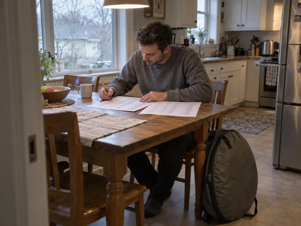Man at a kitchen table comparing printed tent spec sheets with a round pop-out tent carry case at his feet
