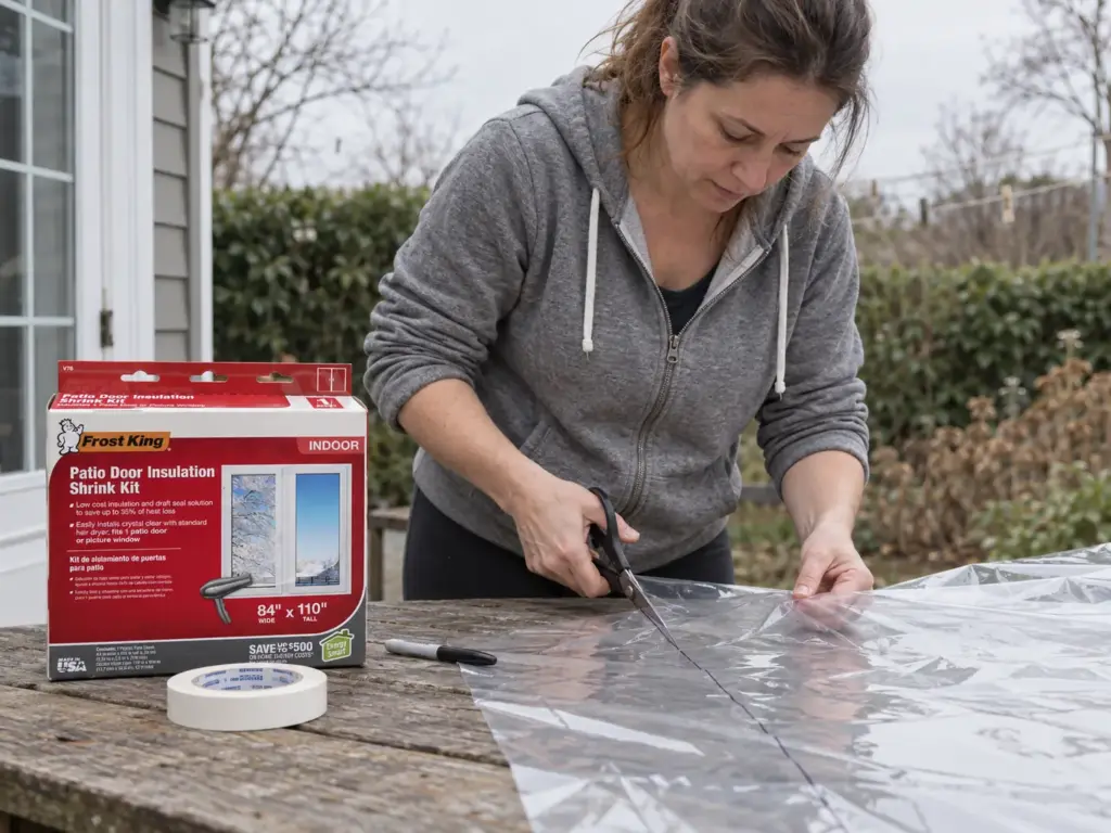 Woman cutting clear polycro-style film with scissors beside an open Frost King window kit box on a porch table